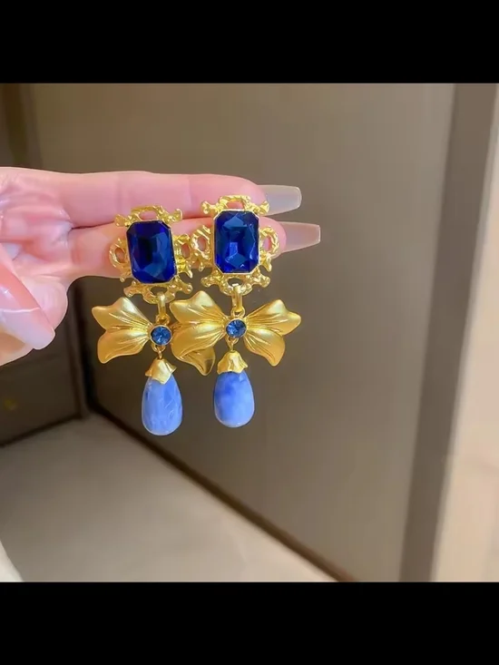 Gold-Tone Earrings with Royal Blue and Cornflower Drop - Picture 8 of 12